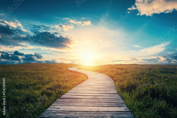 Fototapeta A winding pathway leads to bright horizon, symbolizing future growth and opportunities