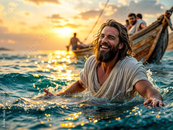 Fototapeta Gospel Images from the Bible NT - John Tells Simon Peter Jesus is Standing on the Shore and He Swims to Him