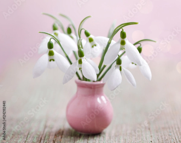 Obraz Snowdrops in pink vase on rustic table with copy space