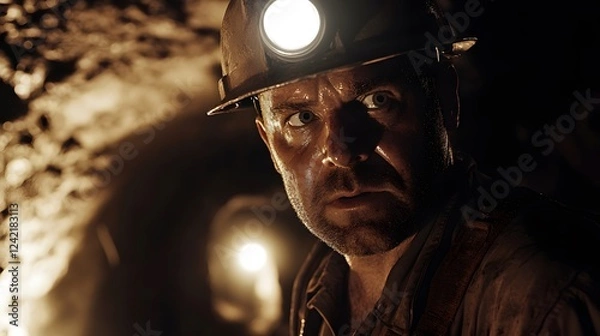 Fototapeta Miner in Safety Helmet and Headlamp Operating in Underground Mining Site