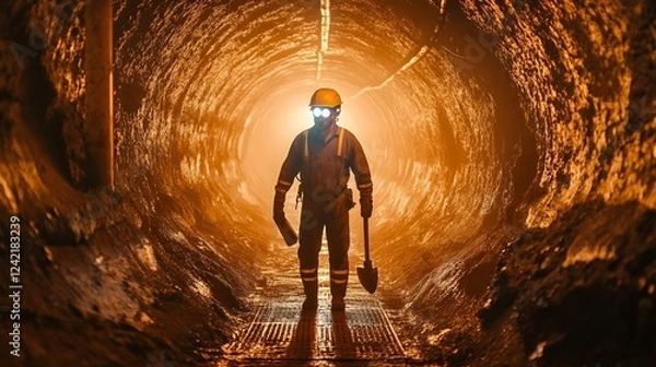 Fototapeta Hardworking Miner with Safety Headlamp Helmet in Underground Tunnel