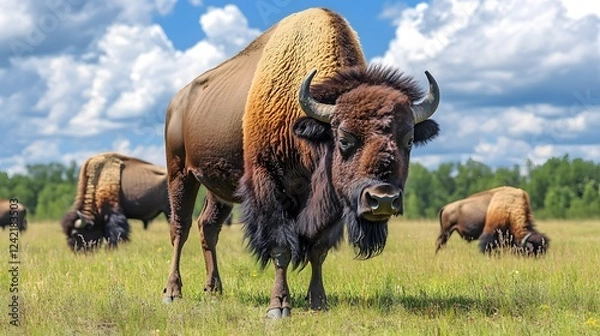 Fototapeta American Bison Grazing in Herd on Vast Prairie with Natural Background