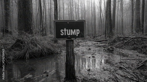 Fototapeta Sign labeled "stump" standing amidst a serene forest landscape with tall trees and reflective water, conveying a mysterious and tranquil atmosphere.