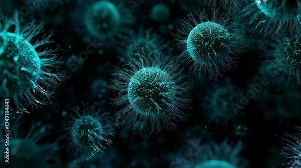 Fototapeta Close-up of blue-green bacteria under a microscope in dark background