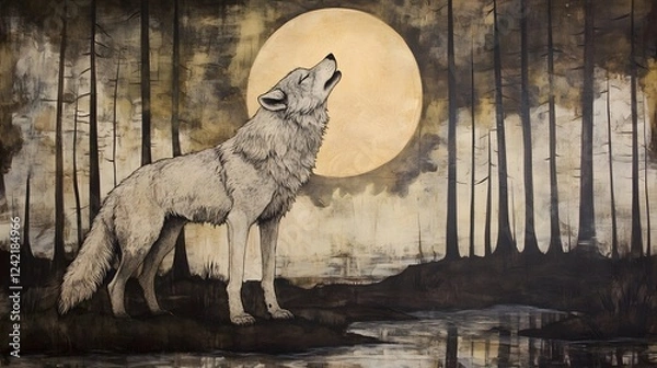 Fototapeta Lone Wolf Howling Under Moonlight with Forest Natural Background