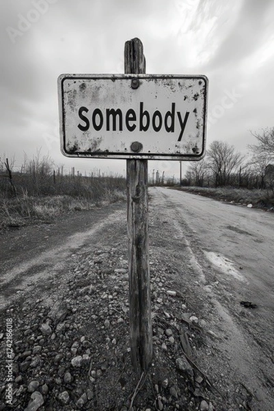 Fototapeta Rustic wooden sign bearing the word 'somebody' stands on a gravel path surrounded by barren trees under a cloudy sky in a rural landscape