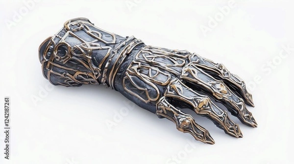Fototapeta Golem-forged steel gauntlets adorned with intricate runic symbols, showcasing craftsmanship and magical heritage, set against a pure white backdrop, 3D rendered design.