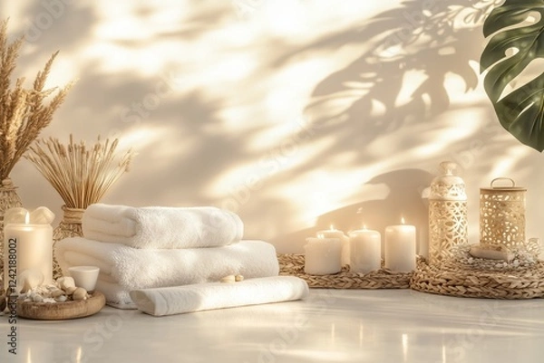 Obraz Conjunto de itens de spa com toalhas, velas e elementos decorativos em tons neutros, capturados com luz natural suave, criado com IA generativa.
