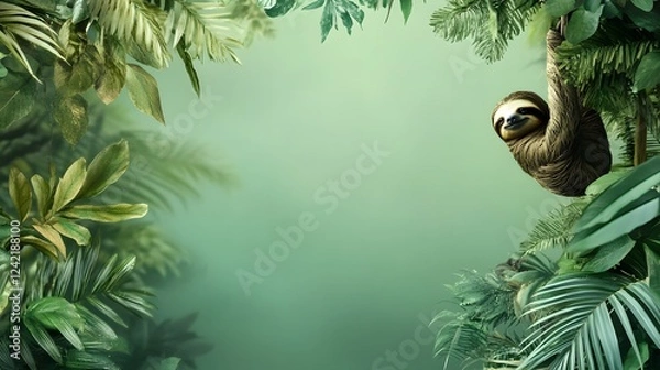Fototapeta Sloth Clinging to Branch in Tropical Rainforest with Natural Forest Background