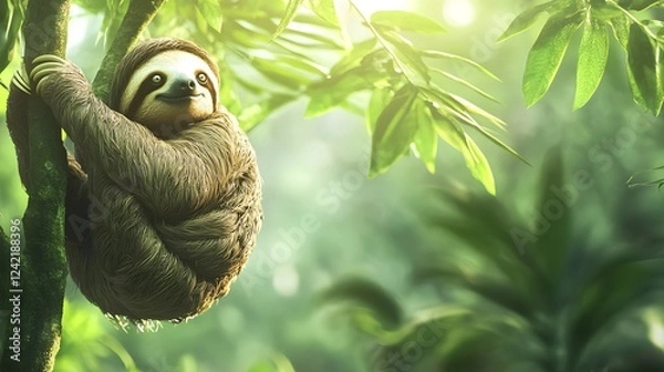 Fototapeta Sloth Hanging from Tree in Lush Tropical Rainforest with Natural Setting
