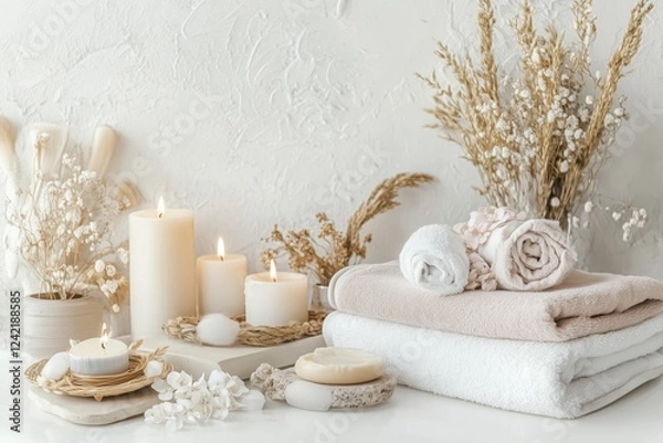 Obraz Conjunto de itens de spa com toalhas, velas e elementos decorativos em tons neutros, capturados com luz natural suave, criado com IA generativa.