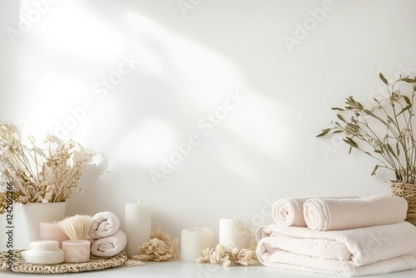 Obraz Conjunto de itens de spa com toalhas, velas e elementos decorativos em tons neutros, capturados com luz natural suave, criado com IA generativa.