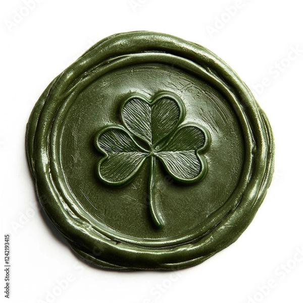 Fototapeta Round green wax seal with a shamrock clover, a symbol of Ireland. Wax seal with a clover symbol in the middle isolated on a white background