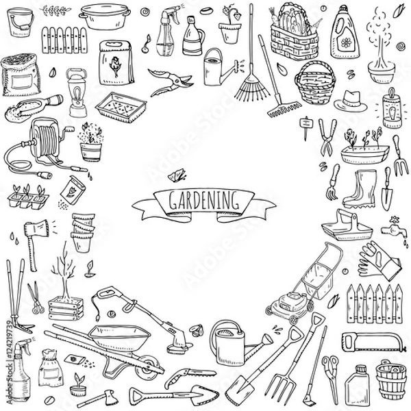 Obraz Hand drawn doodle set of Gardening icons. Vector illustration set. Cartoon Garden symbols. Sketchy elements collection: lawnmower, trimmer, spade, fork, rake, hoe, trug, wheelbarrow, hose reel.
