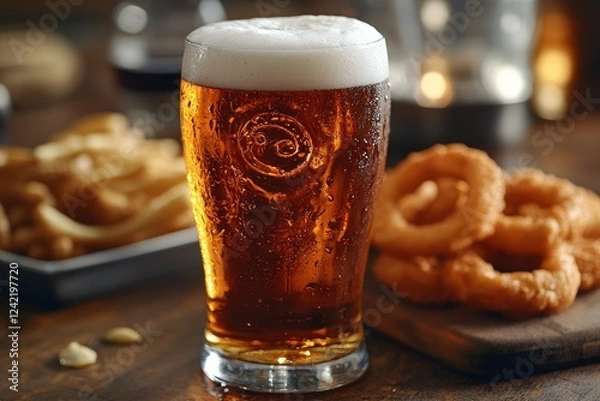 Fototapeta Cold beer with fries and onion rings. Pub food