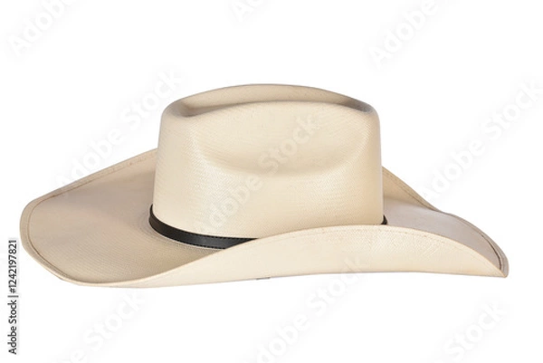 Fototapeta cowboy style hat straw hat with black ribbon isolated on white background, straw hat for women and men head protection