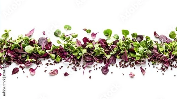 Obraz Microgreens and Seeds Line: A vibrant mix of red and green microgreens and scattered seeds form a visually appealing horizontal line, perfect for culinary or healthy lifestyle concepts. 