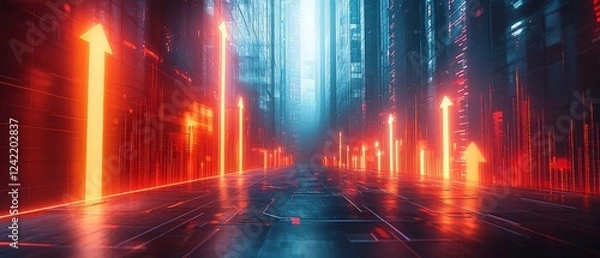 Fototapeta A creative stock chart visualization with arrows launching from the floor, stepping up in equal intervals, and running onto the wall, symbolizing growth and progress