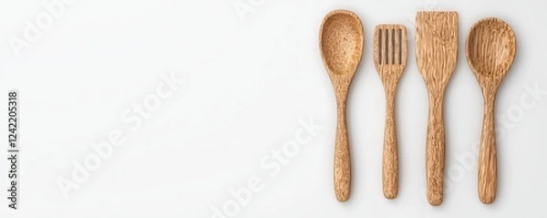 Fototapeta Wooden Kitchen Utensils Set Arranged Neatly on Clean White Background  Natural and Simple Cooking Tools for Domestic or Professional Kitchen Use