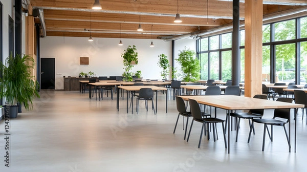 Obraz Modern office cafeteria with wooden tables, chairs, and plants, large windows showing green trees; ideal for showcasing workspace design