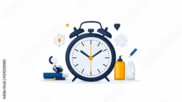 Fototapeta Morning routine, alarm clock, cleaning supplies, books, white background, productivity concept, website banner