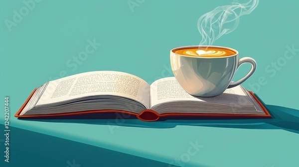 Fototapeta A playful illustration of a steaming cup of coffee placed next to an open book, evoking a cozy and intellectual vibe for your feed.