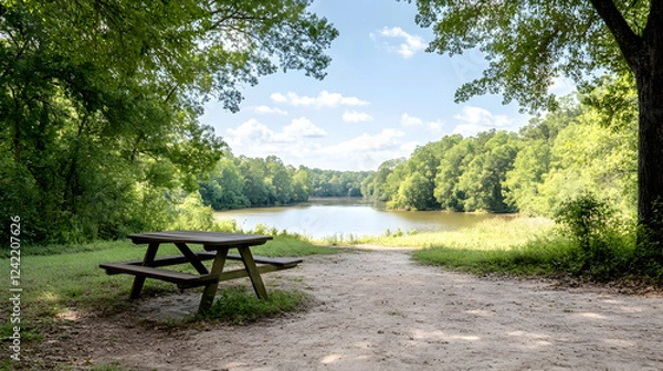 Obraz Serene lakeside picnic area, tranquil forest backdrop, sunny day, ideal for relaxation
