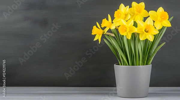 Fototapeta Yellow daffodils in gray pot on wooden table against dark background; spring flowers, greeting card