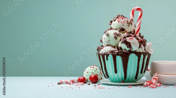 Obraz Delight in creative dessert display featuring mint chocolate chip ice cream topped with chocolate drizzle, candy canes, and festive sprinkles, perfect for celebrations
