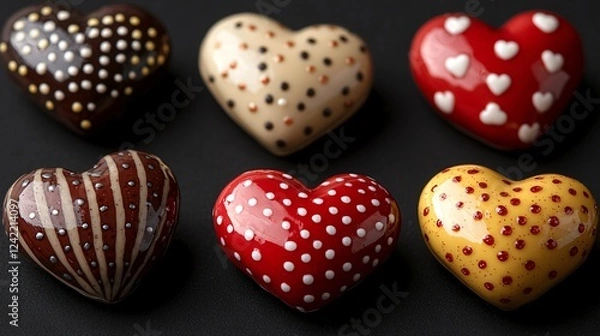 Fototapeta Decorative hearts, various patterns, dark background, Valentine's Day gift