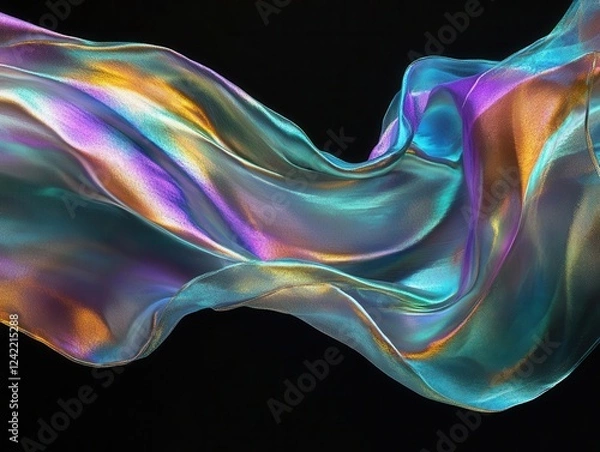Fototapeta flowing iridescent fabric suspended in mid-air, catching light with prismatic reflections, ethereal movement against deep black background