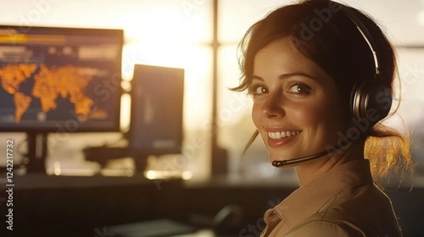 Fototapeta Smiling woman in headset working at computer with warm sunlight