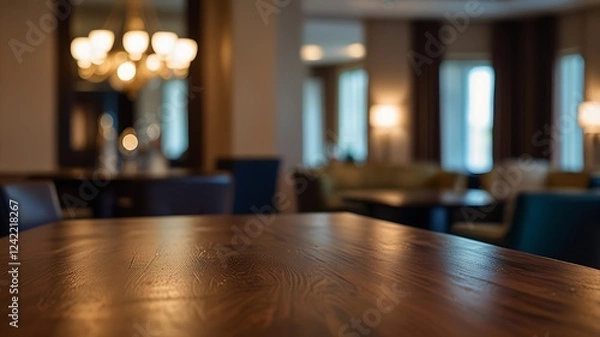 Fototapeta Empty wood table top in a luxurious hotel lounge with a blurred background. The focus is on the table surface
