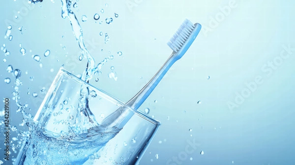 Obraz toothbrush in glass splashes water, creating refreshing scene. vibrant blue background enhances clean and hygienic feel, perfect for dental care themes