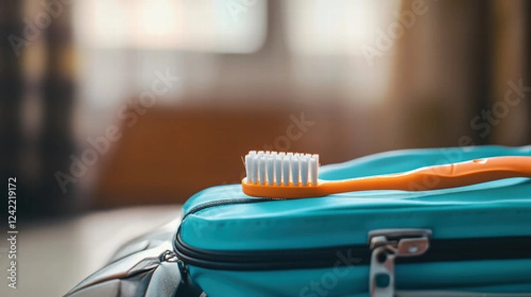 Obraz toothbrush resting on travel case, symbolizing travel essentials and personal care. This captures essence of preparing for journey with hygiene in mind