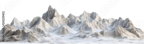 Fototapeta Snowy mountain range, digital landscape, white background, design element