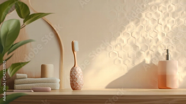 Fototapeta toothbrush with unique design sits on bathroom shelf, surrounded by soft towels and stylish soap dispenser. warm light creates calming atmosphere