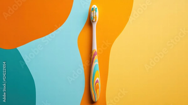 Obraz colorful toothbrush with whimsical design rests on vibrant background of orange, blue, and yellow waves, adding playful touch to dental care