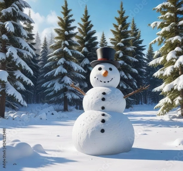 Fototapeta Large snowman in a field of snow, surrounded by snow-covered trees, snowy field, cold weather