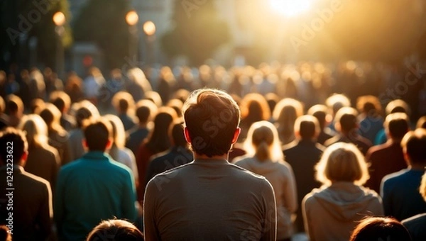 Fototapeta Contemplative individual amidst sunlit crowd of enlightenment