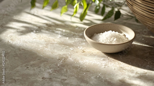Fototapeta A small bowl of bath salts sits on a light-colored surface, bathed in sunlight.