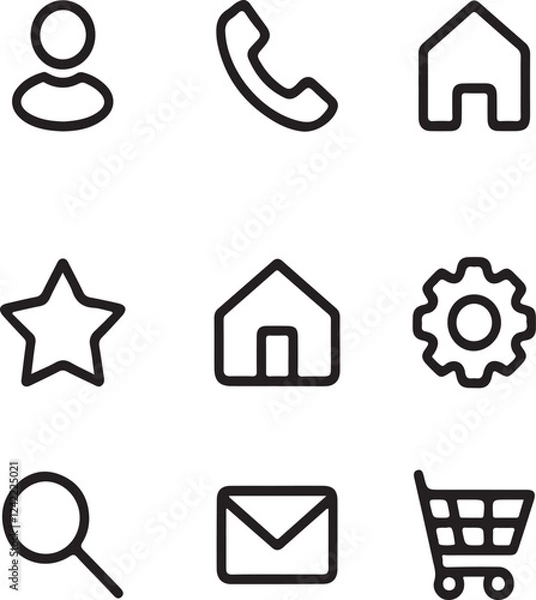 Obraz Modern Black Line Icons for Apps & Websites – Profile, Notification Bell, Envelope, Star, Shopping Cart