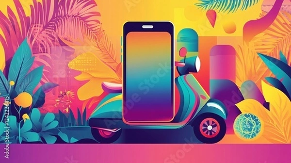 Fototapeta Colorful scooter parked with big smartphone screen behind on trendy abstract background