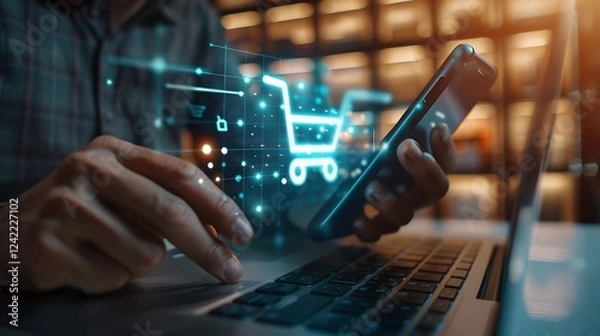 Fototapeta Online shopping concept. Businessman using mobile phone with shopping cart icon on screen