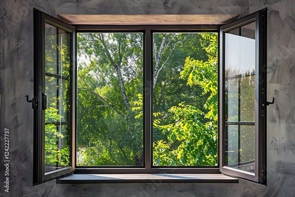Fototapeta Open window with a view of green trees