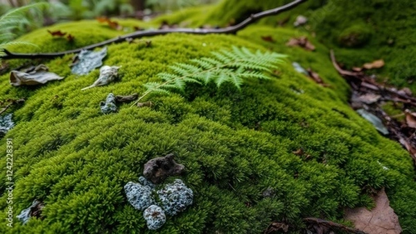 Fototapeta Mossy forest floor with ferns and lichen, moss patterns, lichen growth, leafy greens