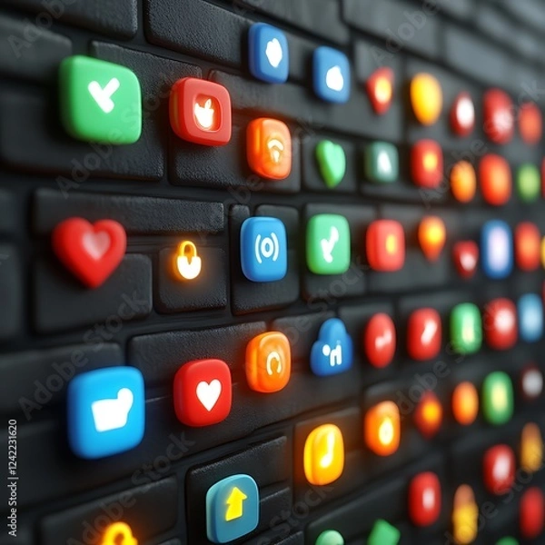 Obraz Colorful app icons on dark brick wall, digital background