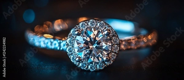 Fototapeta Elegant diamond engagement ring on a dark surface, illuminated by soft blue and orange lighting