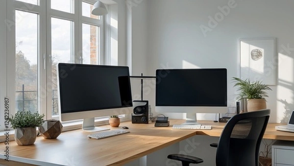 Fototapeta Modern office workspace with dual monitors and natural light
