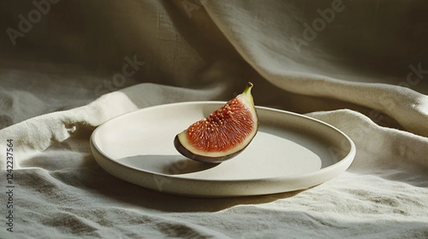 Fototapeta A slice of fig rests on a minimalist plate, bathed in sunlight. A study in simple elegance.